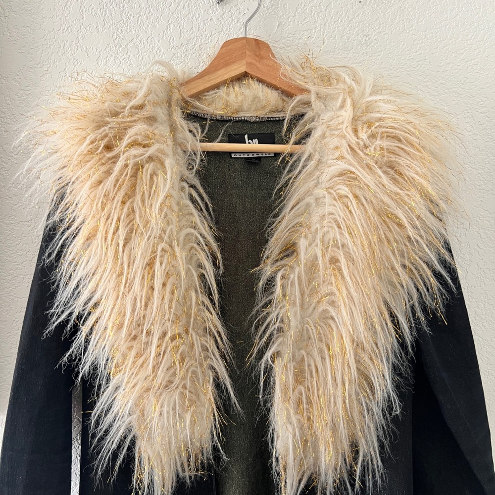 RARE Vintage Blanc Noir Boho Trench Coat Faux Fur Gold Tinsel Trim Size M - Picture 3 of 10